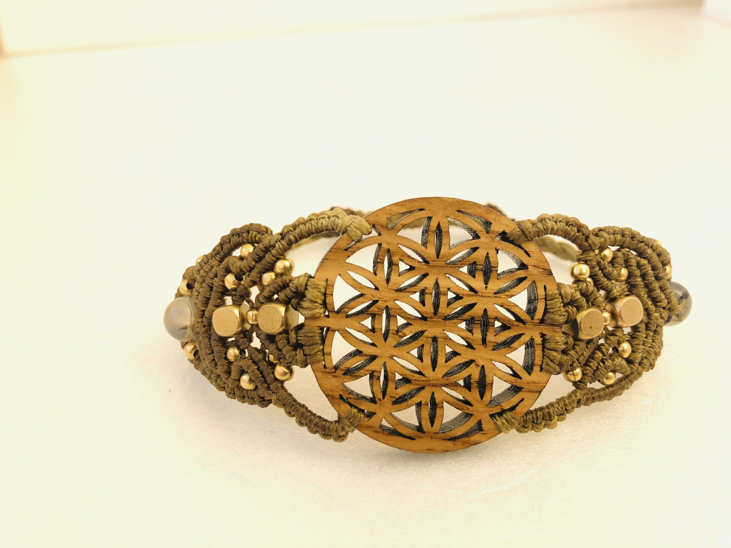 Sacred Geometry Wooden Bracelet , Flower Of Life, Tiger Eye Natural Stone - Image 2