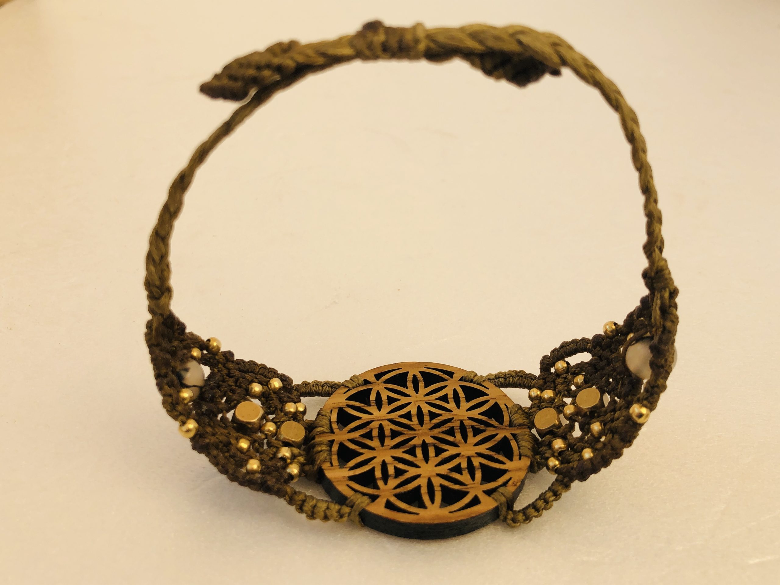 Sacred Geometry Wooden Bracelet , Flower Of Life, Tiger Eye Natural Stone - Image 3