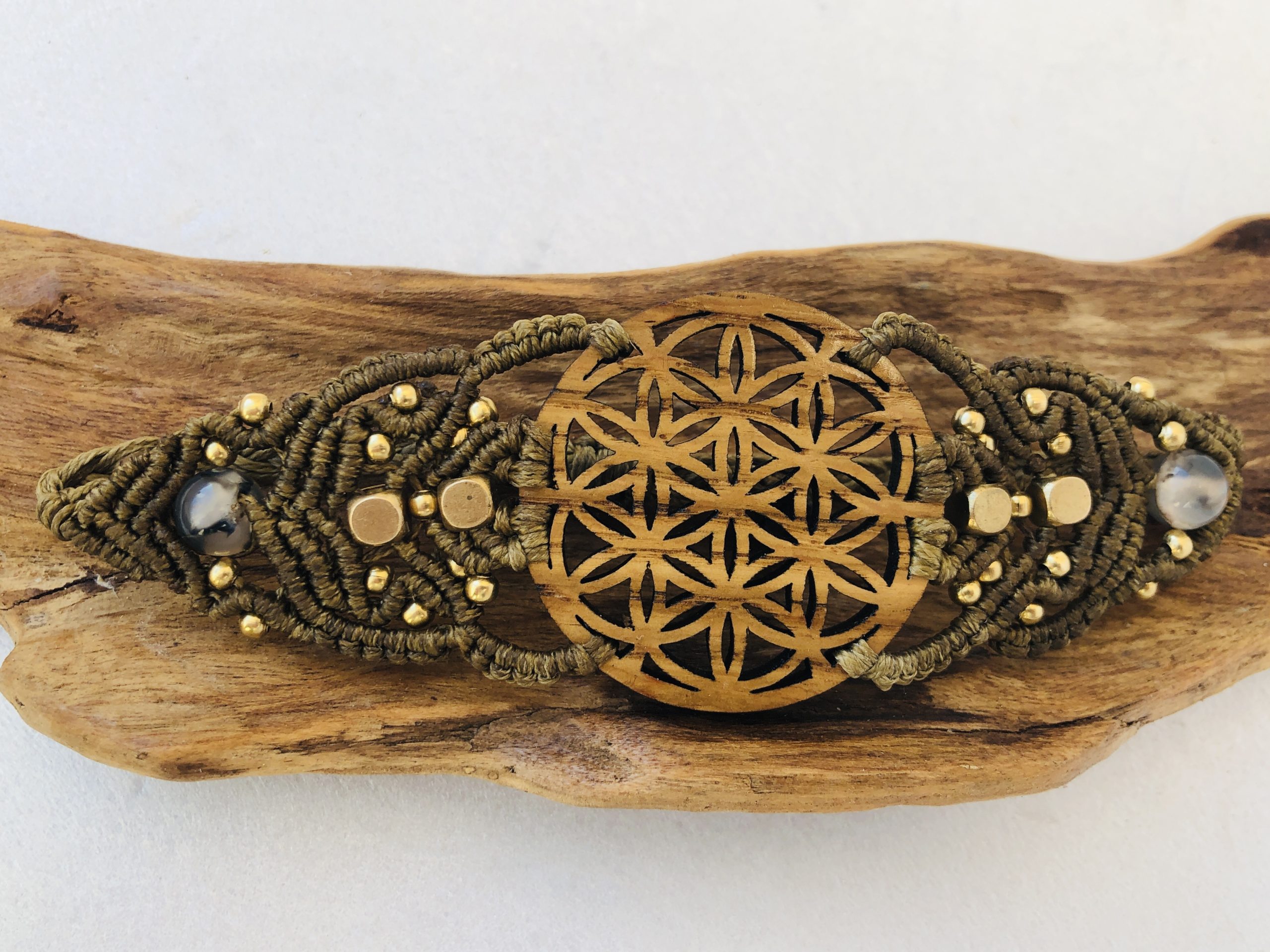 Sacred Geometry Wooden Bracelet , Flower Of Life, Tiger Eye Natural Stone - Image 4