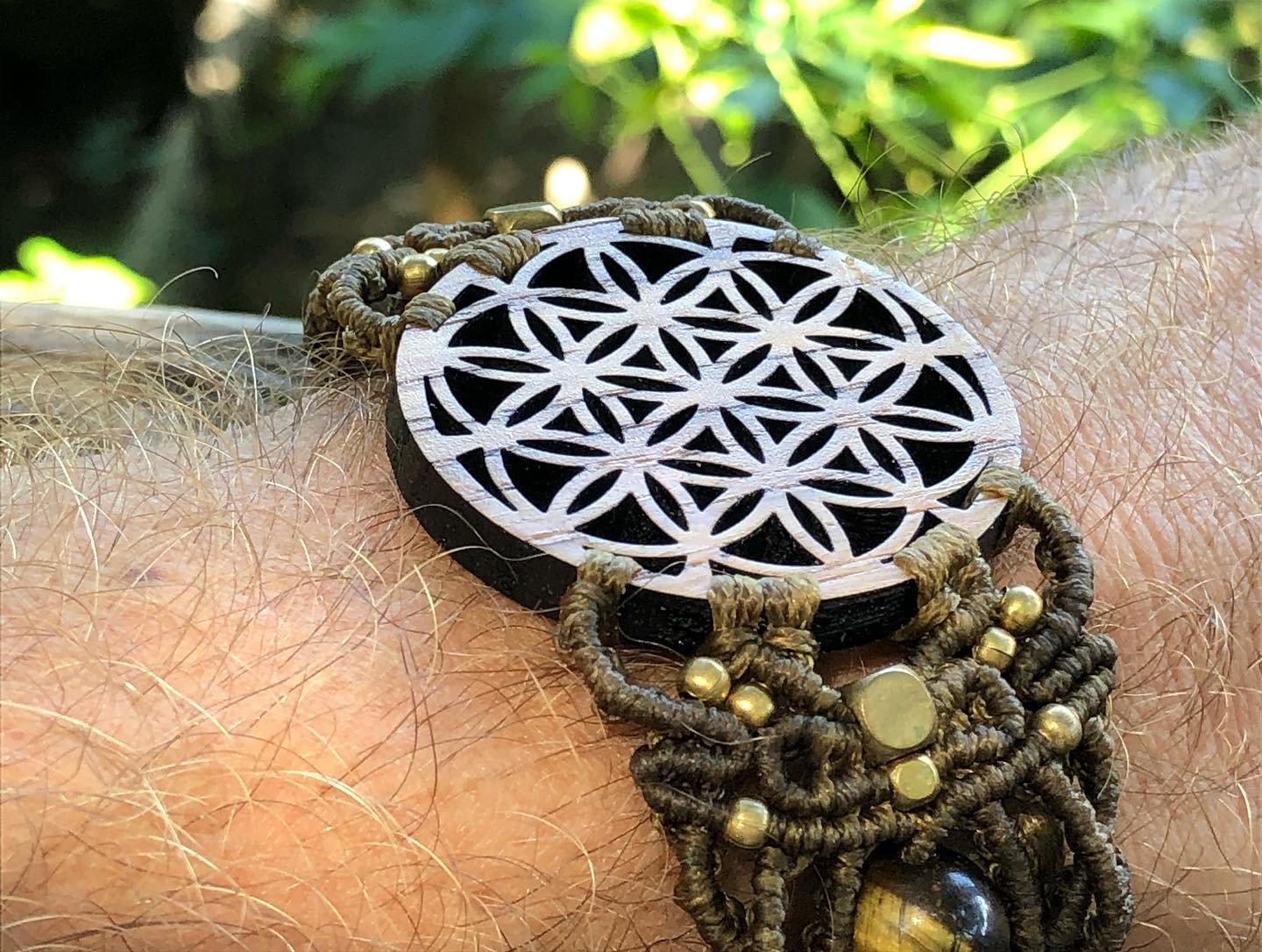Sacred Geometry Wooden Bracelet , Flower Of Life, Tiger Eye Natural Stone