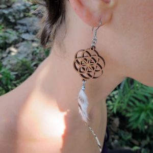 Seed of Life Earrings with long feathers, Sacred Geometry Jewelry, Hippie jewelry, Gypsy Style, Goa Style Earrings, Feathers
