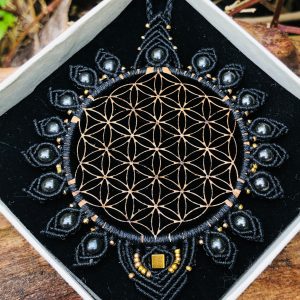 Black Flower Of Life Sacred Geometry Wooden Jewelry, Macrame Handmade Unique Gift